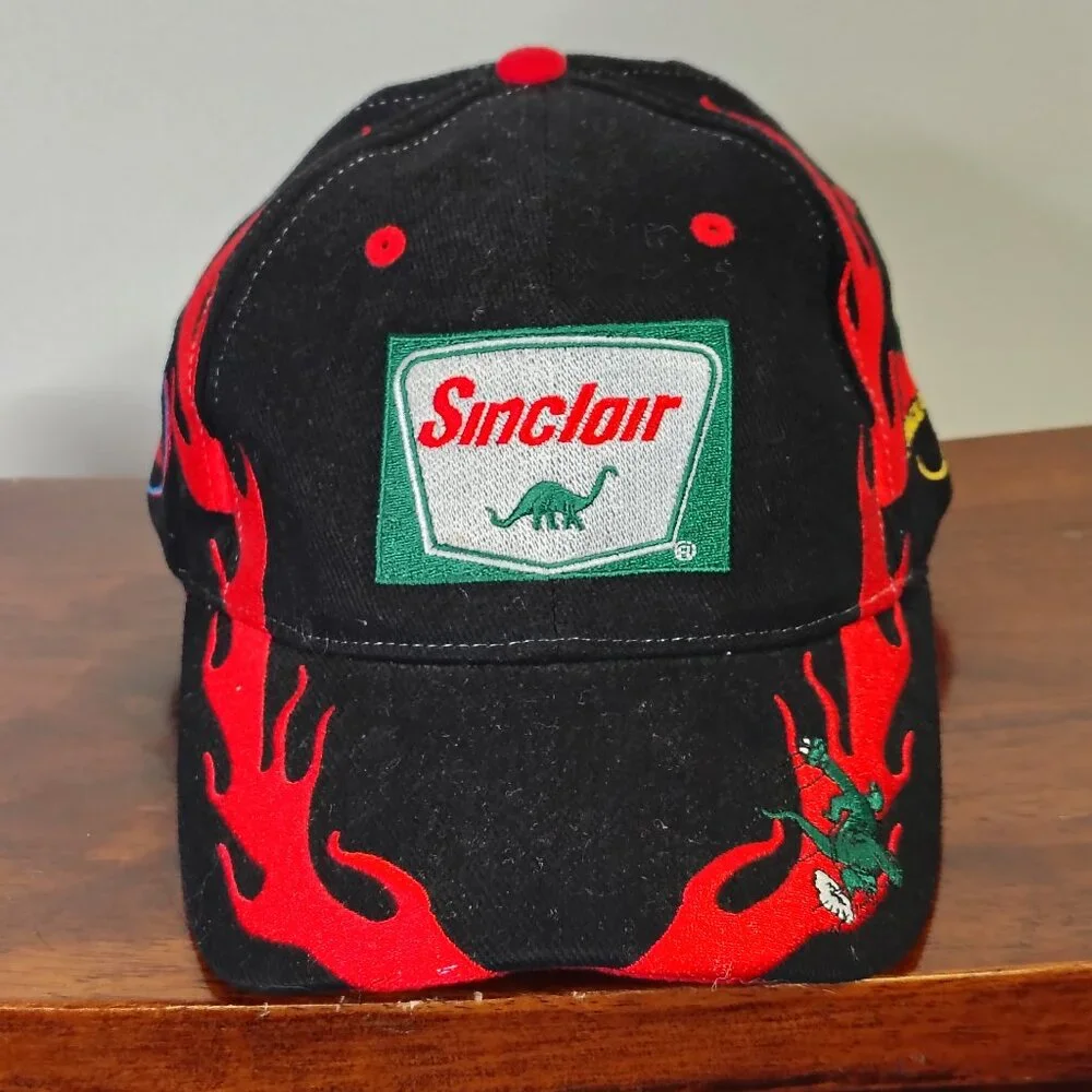 Sinclair Hat Cap Strap Back Black Red Dino Flame Racing Mens - Picture 9 of 12